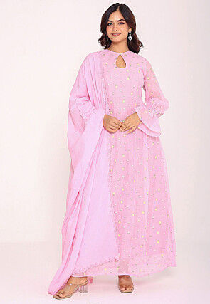 Embroidered Mulmul Cotton Abaya Style Suit in Pink