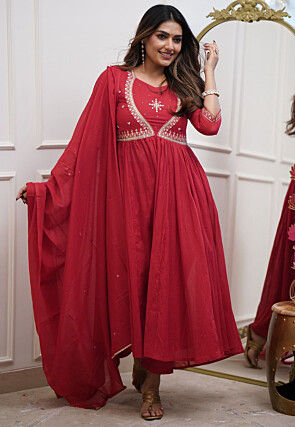 Embroidered Muslin Cotton A Line Suit in Red