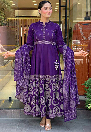 Embroidered Muslin Cotton Abaya Style Suit in Purple