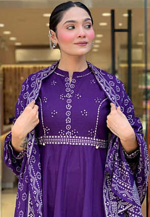 Embroidered Muslin Cotton Abaya Style Suit in Purple