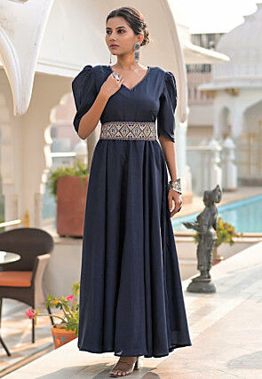 Embroidered Muslin Cotton Dress in Deep Blue