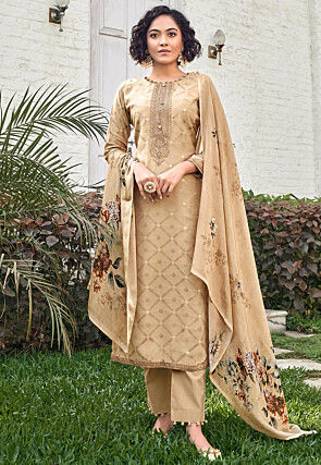 Embroidered Muslin Cotton Jacquard Pakistani Suit in Beige