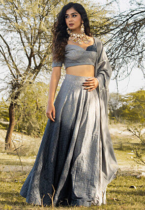 Embroidered Muslin Cotton Lehenga in Grey