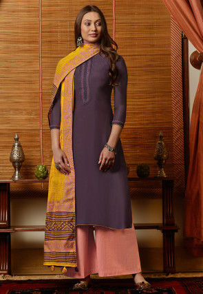 Embroidered Muslin Cotton Pakistani Suit in Violet