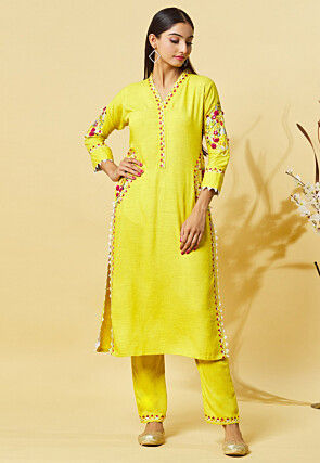 Embroidered Muslin Cotton Straight Kurta Set in Mustard