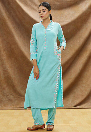 Embroidered Muslin Cotton Straight Kurta Set in Sky Blue