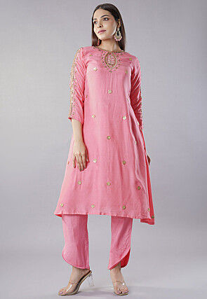 Embroidered Muslin Silk A Line Kurta Set in Pink