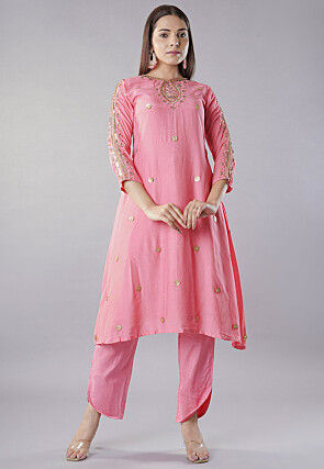 Embroidered Muslin Silk A Line Kurta Set in Pink