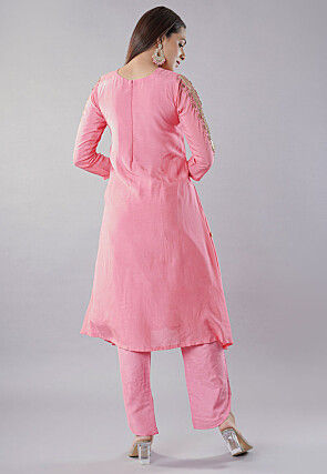 Embroidered Muslin Silk A Line Kurta Set in Pink
