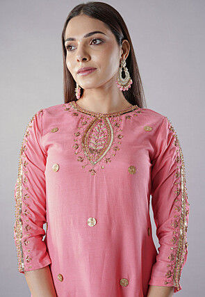Embroidered Muslin Silk A Line Kurta Set in Pink