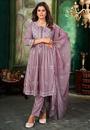 Embroidered Muslin Silk A Line Suit in Dusty Purple