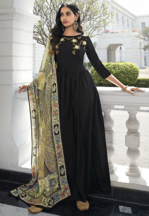 Embroidered Muslin Silk Abaya Style Suit in Black