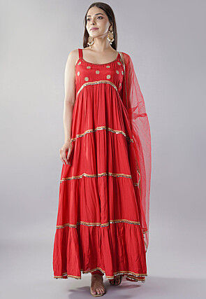 Embroidered Muslin Silk Abaya Style Suit in Red
