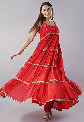 Embroidered Muslin Silk Abaya Style Suit in Red