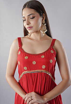 Embroidered Muslin Silk Abaya Style Suit in Red