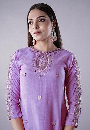 Embroidered Muslin Silk Aline Kurta Set in Lilac