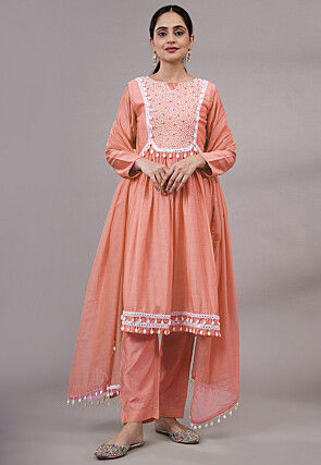 Embroidered Muslin Silk Aline Suit in Coral Orange