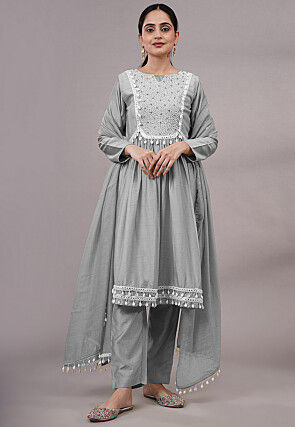 Embroidered Muslin Silk Aline Suit in Grey