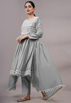 Embroidered Muslin Silk Aline Suit in Grey