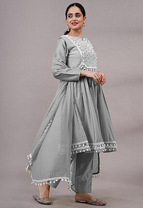 Embroidered Muslin Silk Aline Suit in Grey