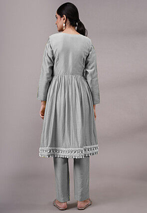 Embroidered Muslin Silk Aline Suit in Grey
