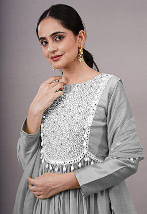 Embroidered Muslin Silk Aline Suit in Grey
