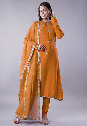 Embroidered Muslin Silk Aline Suit in Mustard