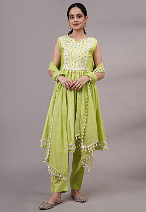 Embroidered Muslin Silk Aline Suit in Olive Green