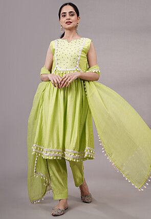 Embroidered Muslin Silk Aline Suit in Olive Green