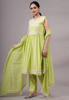 Embroidered Muslin Silk Aline Suit in Olive Green