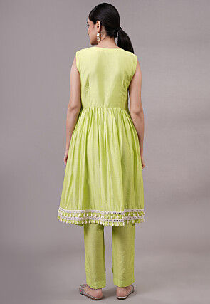 Embroidered Muslin Silk Aline Suit in Olive Green