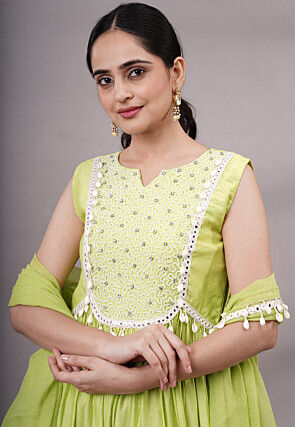 Embroidered Muslin Silk Aline Suit in Olive Green