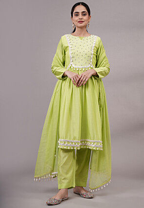 Embroidered Muslin Silk Aline Suit in Olive Green