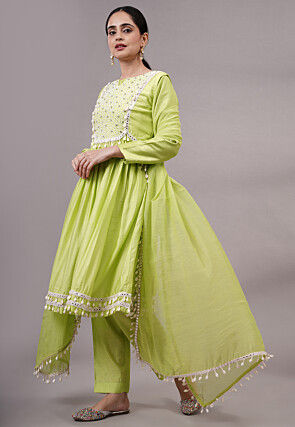 Embroidered Muslin Silk Aline Suit in Olive Green