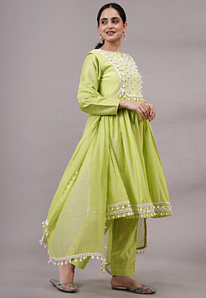 Embroidered Muslin Silk Aline Suit in Olive Green