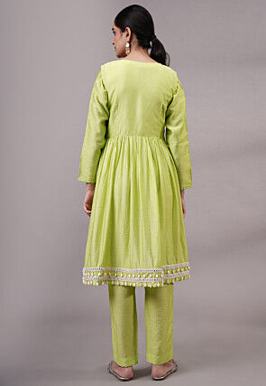 Embroidered Muslin Silk Aline Suit in Olive Green