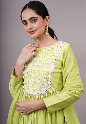 Embroidered Muslin Silk Aline Suit in Olive Green