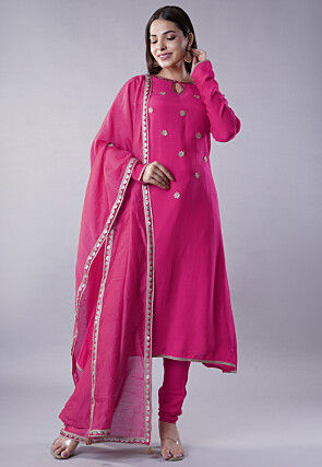Embroidered Muslin Silk Aline Suit in Pink