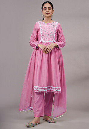 Embroidered Muslin Silk Aline Suit in Pink