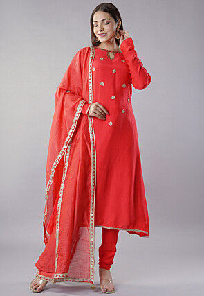 Embroidered Muslin Silk Aline Suit in Red