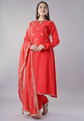 Embroidered Muslin Silk Aline Suit in Red