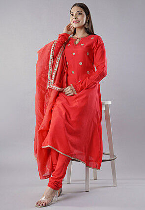 Embroidered Muslin Silk Aline Suit in Red