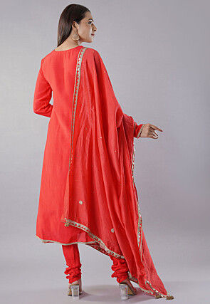 Embroidered Muslin Silk Aline Suit in Red