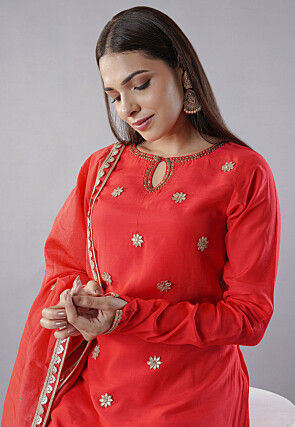 Embroidered Muslin Silk Aline Suit in Red