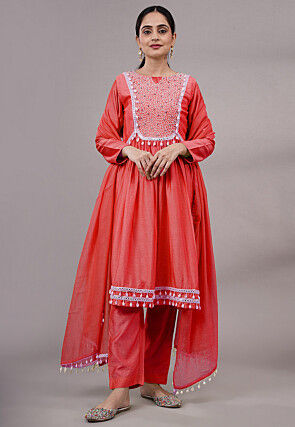 Embroidered Muslin Silk Aline Suit in Red