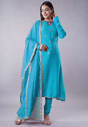 Embroidered Muslin Silk Aline Suit in Sky Blue