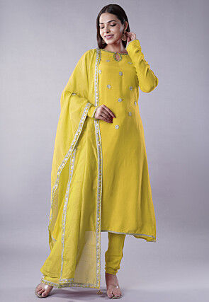 Embroidered Muslin Silk Aline Suit in Yellow