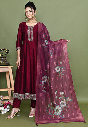 Embroidered Muslin Silk Anarkali Suit in Maroon