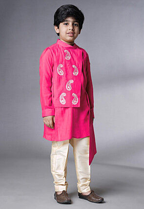 Embroidered Muslin Silk Asymmetric Kurta Set in Fuchsia