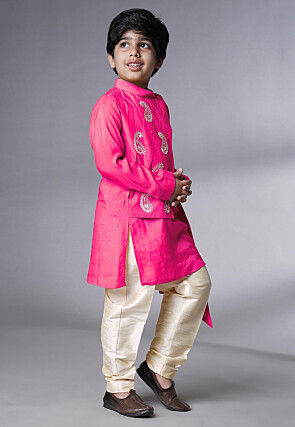 Embroidered Muslin Silk Asymmetric Kurta Set in Fuchsia